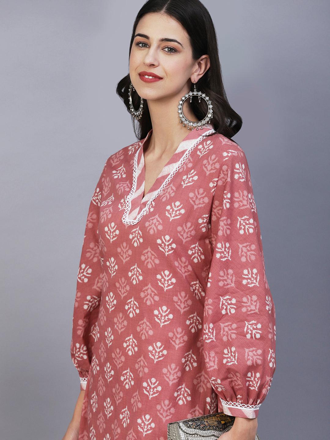 Ethnic Printed Straight Fit Kurta with Pant - Rose Gold - Indiakreations