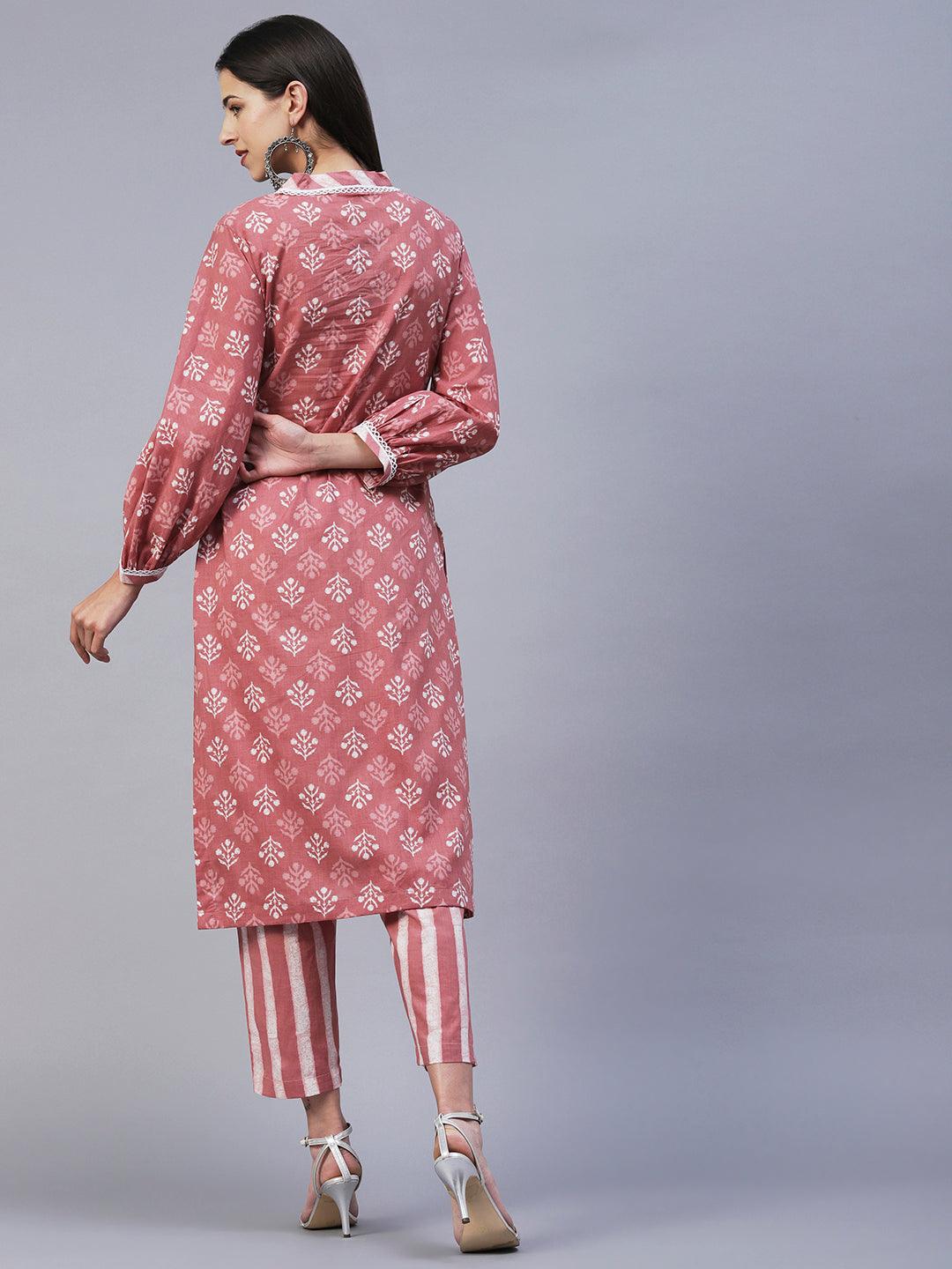 Ethnic Printed Straight Fit Kurta with Pant - Rose Gold - Indiakreations