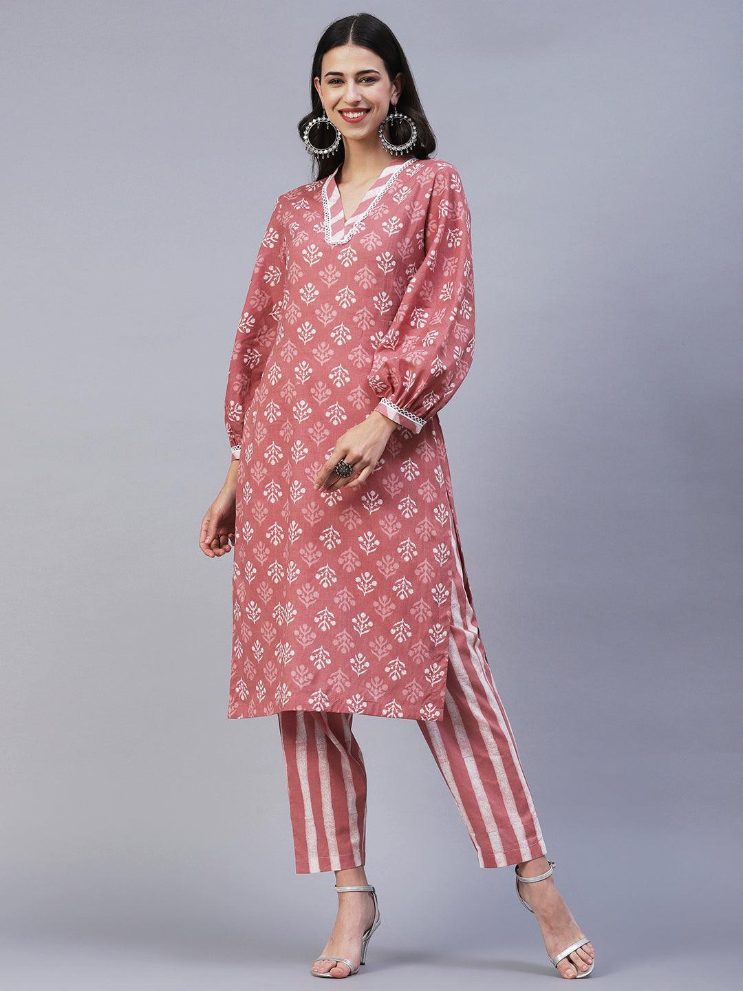 Ethnic Printed Straight Fit Kurta with Pant - Rose Gold - Indiakreations