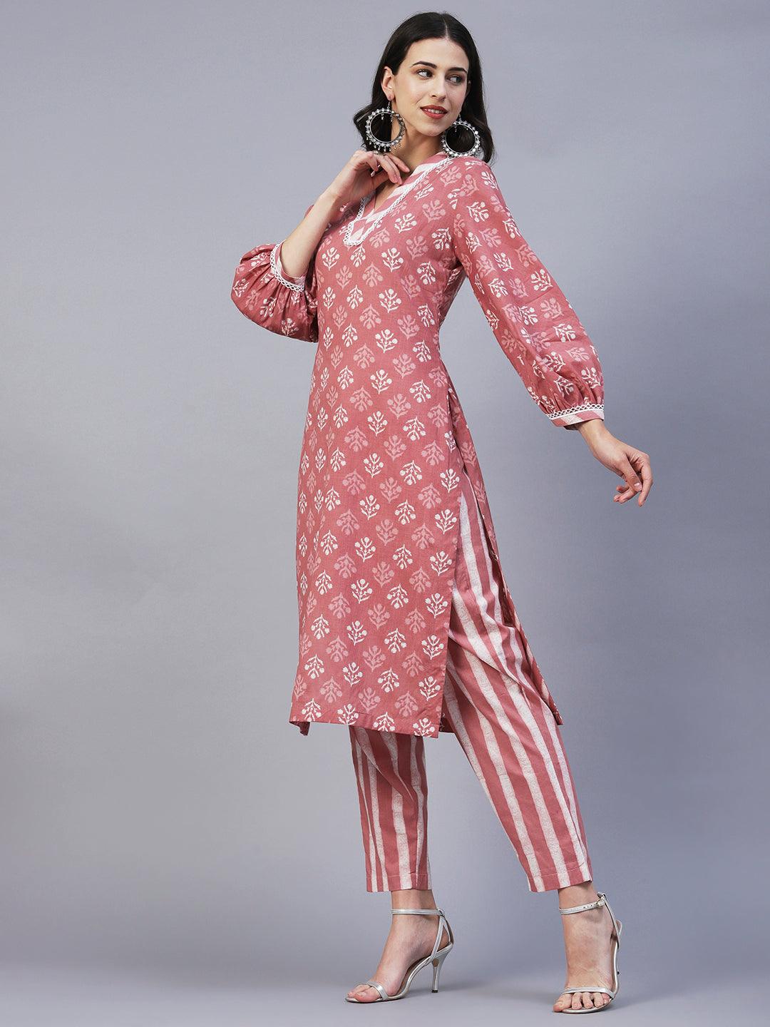 Ethnic Printed Straight Fit Kurta with Pant - Rose Gold - Indiakreations