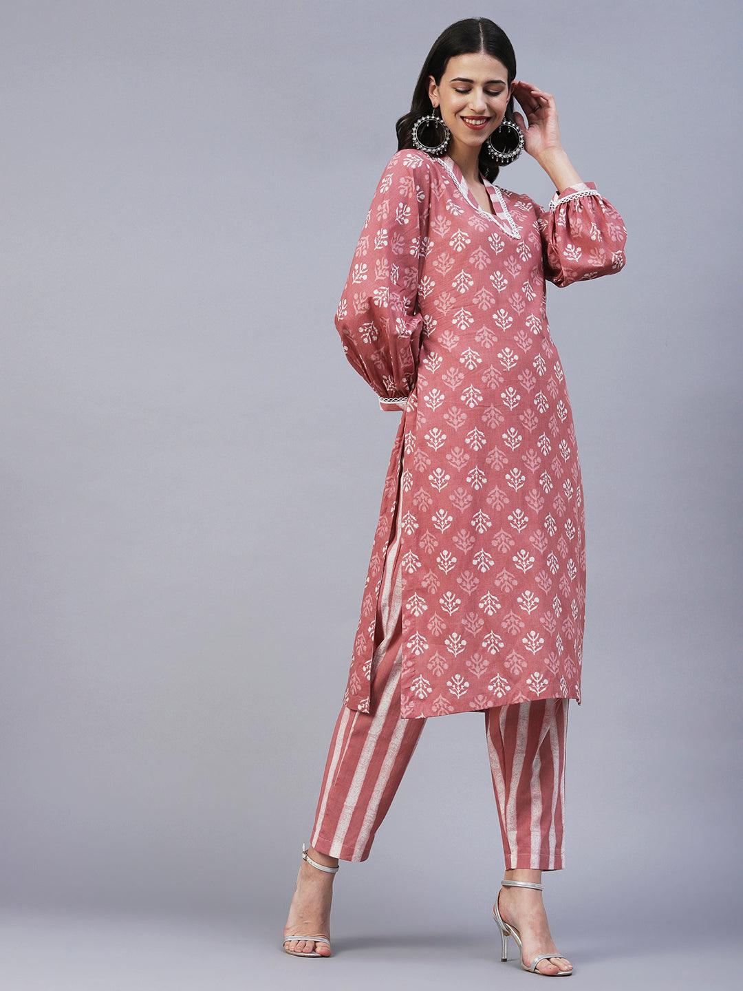 Ethnic Printed Straight Fit Kurta with Pant - Rose Gold - Indiakreations