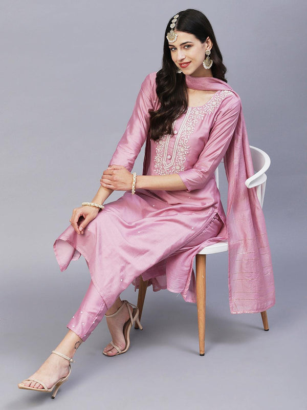 Solid Beads & Pearl Embroidered Kurta With Pants & Striped Dupatta - Pink - Indiakreations