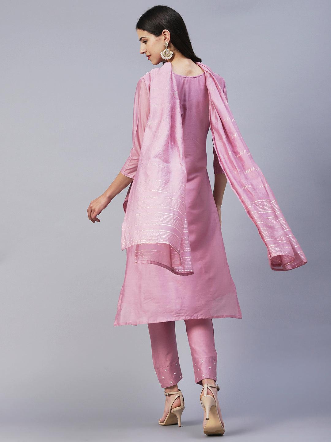 Solid Beads & Pearl Embroidered Kurta With Pants & Striped Dupatta - Pink - Indiakreations