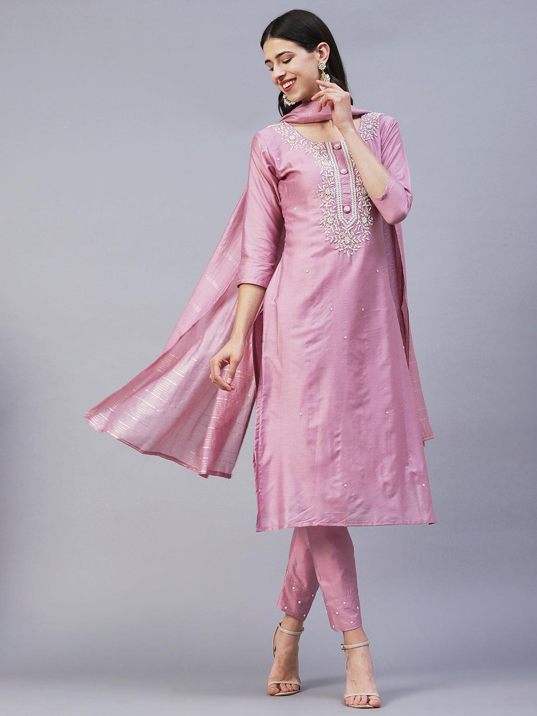 Solid Beads & Pearl Embroidered Kurta With Pants & Striped Dupatta - Pink - Indiakreations