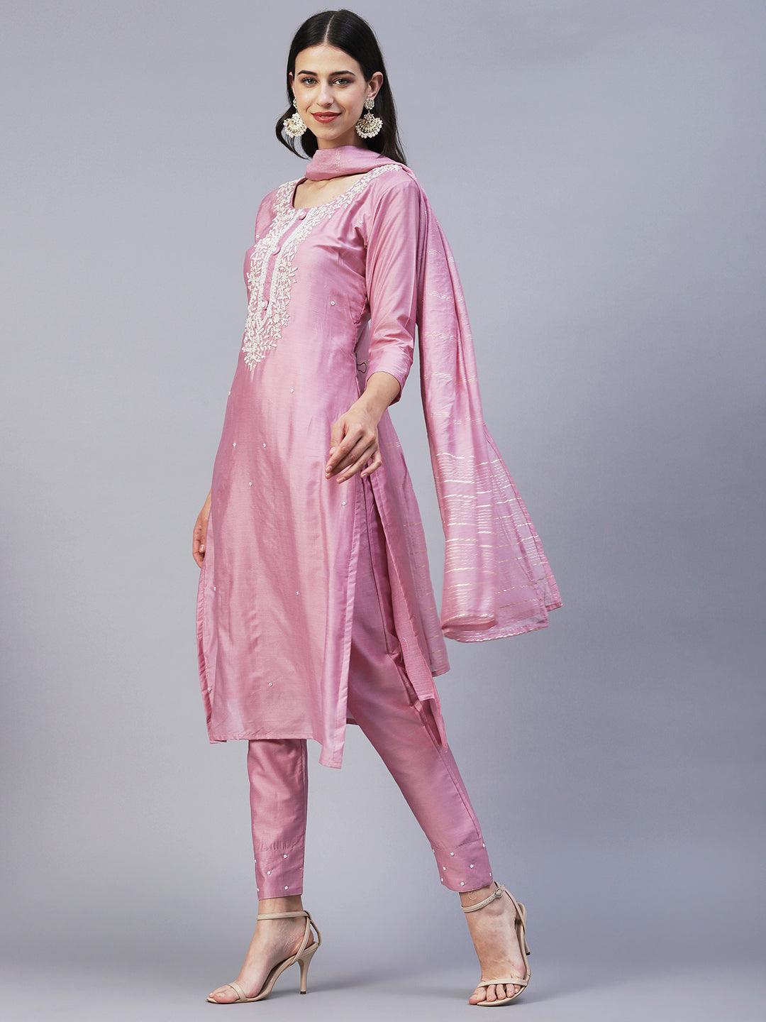 Solid Beads & Pearl Embroidered Kurta With Pants & Striped Dupatta - Pink - Indiakreations