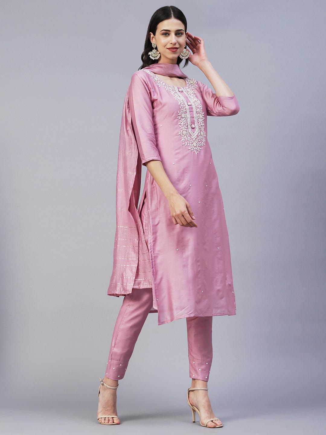 Solid Beads & Pearl Embroidered Kurta With Pants & Striped Dupatta - Pink - Indiakreations