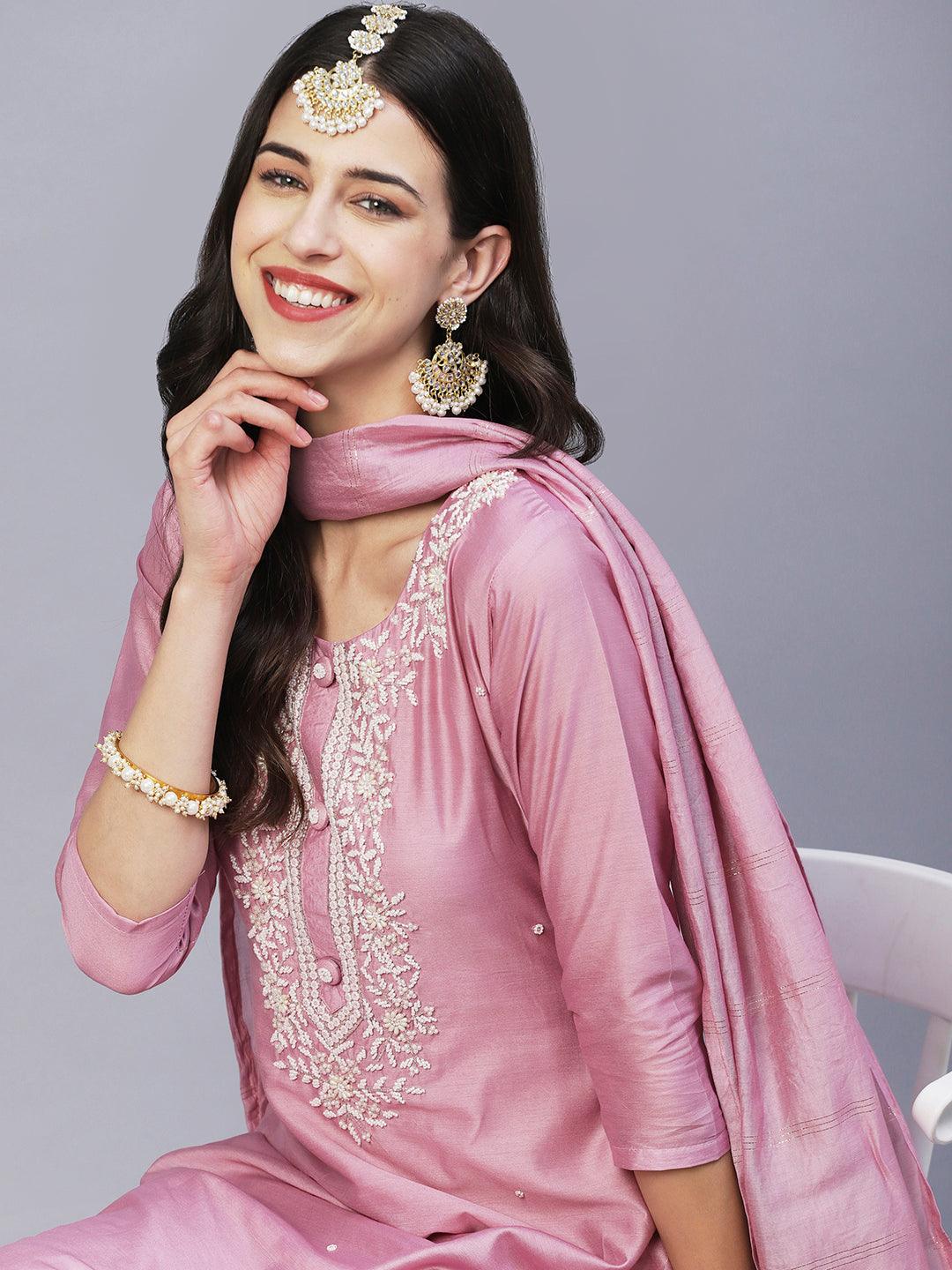 Solid Beads & Pearl Embroidered Kurta With Pants & Striped Dupatta - Pink - Indiakreations