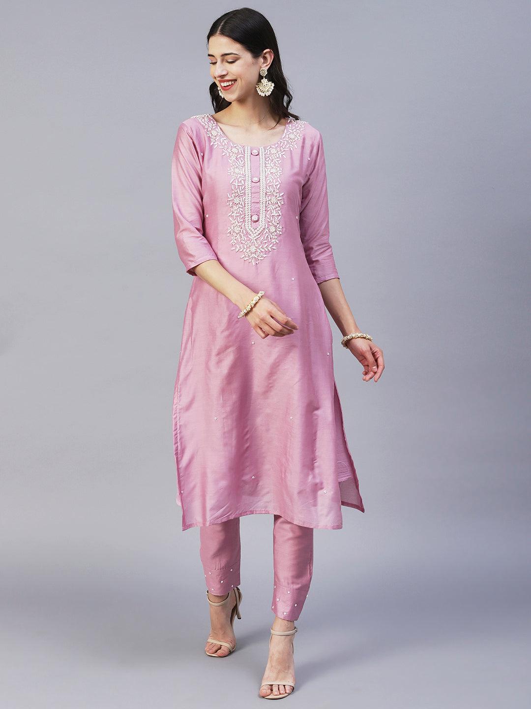 Solid Beads & Pearl Embroidered Kurta With Pants & Striped Dupatta - Pink - Indiakreations