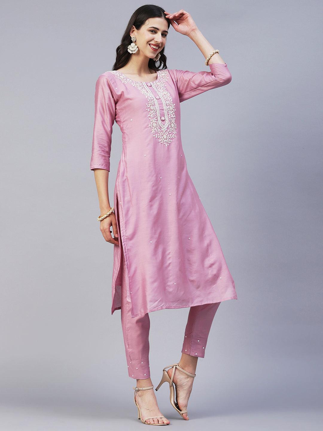 Solid Beads & Pearl Embroidered Kurta With Pants & Striped Dupatta - Pink - Indiakreations