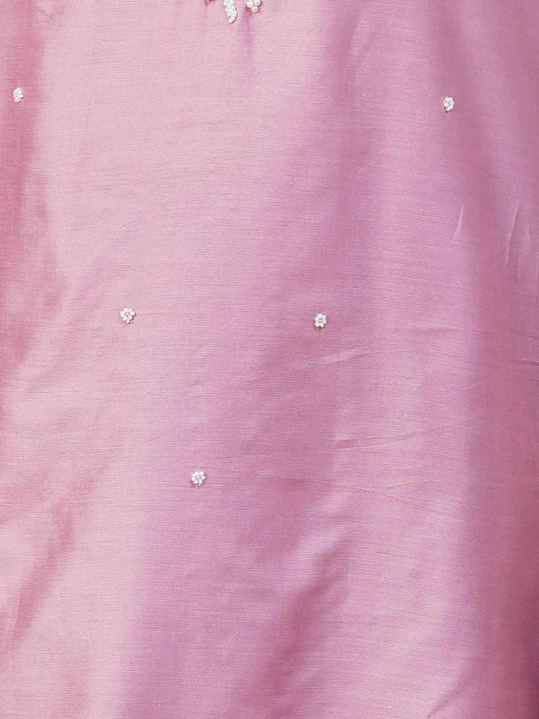 Solid Beads & Pearl Embroidered Kurta With Pants & Striped Dupatta - Pink - Indiakreations