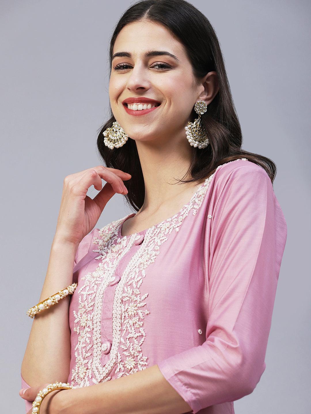 Solid Beads & Pearl Embroidered Kurta With Pants & Striped Dupatta - Pink - Indiakreations