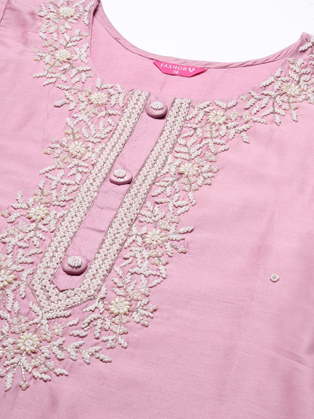 Solid Beads & Pearl Embroidered Kurta With Pants & Striped Dupatta - Pink - Indiakreations