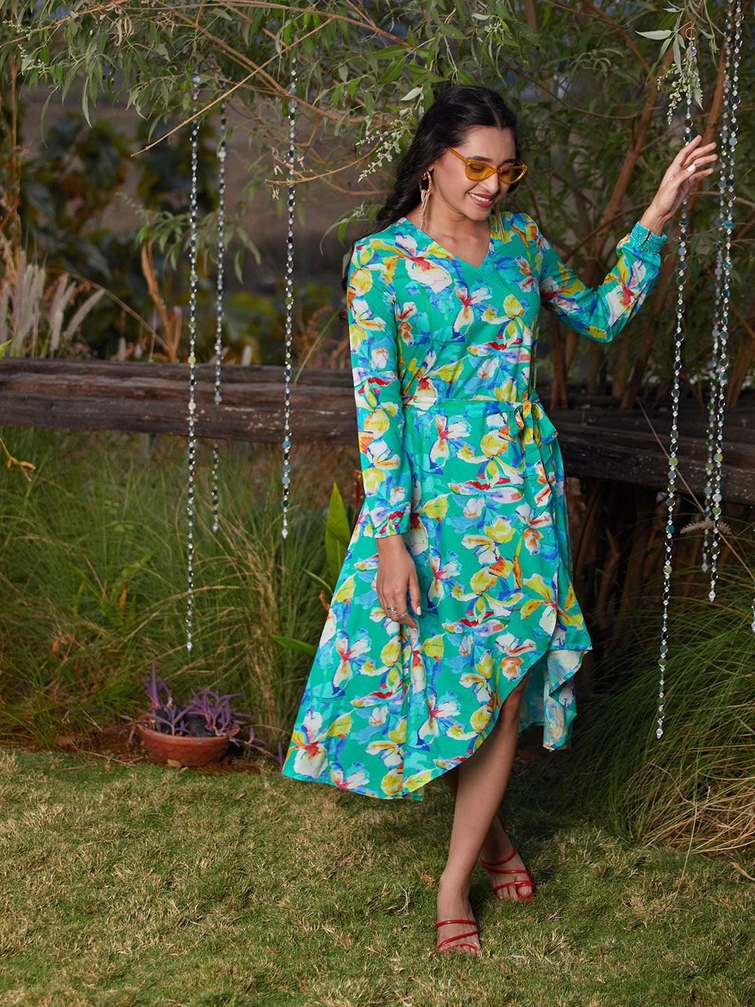 Tropical Floral Printed A-Line Wrap Midi Dress - Green - Indiakreations