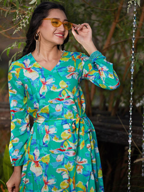 Tropical Floral Printed A-Line Wrap Midi Dress - Green - Indiakreations