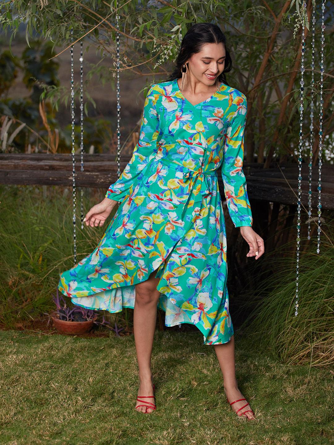 Tropical Floral Printed A-Line Wrap Midi Dress - Green - Indiakreations