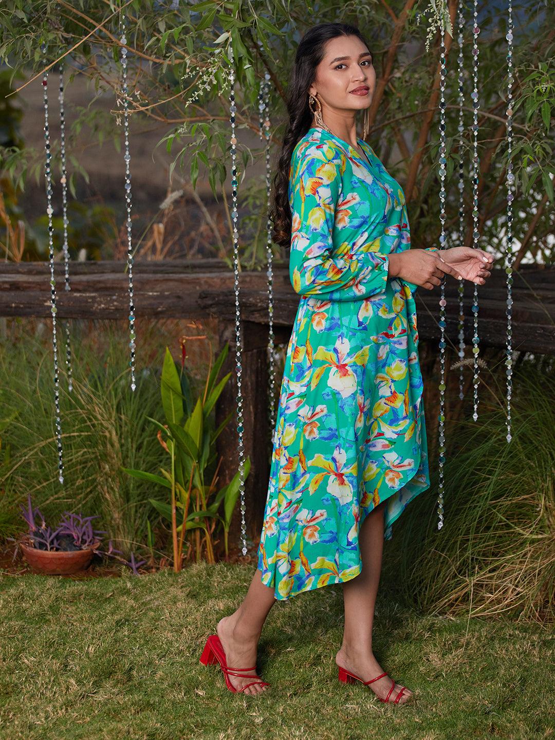 Tropical Floral Printed A-Line Wrap Midi Dress - Green - Indiakreations