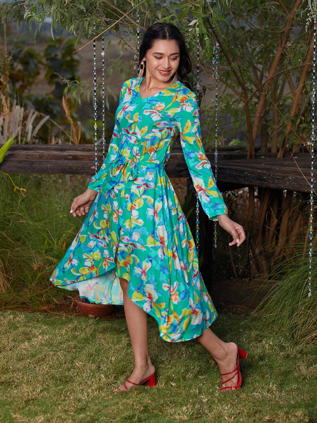 Tropical Floral Printed A-Line Wrap Midi Dress - Green - Indiakreations