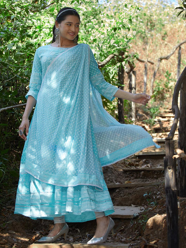 Floral Khari Printed & Embroidered Anarkali Maxi Dress - Sky Blue - Indiakreations