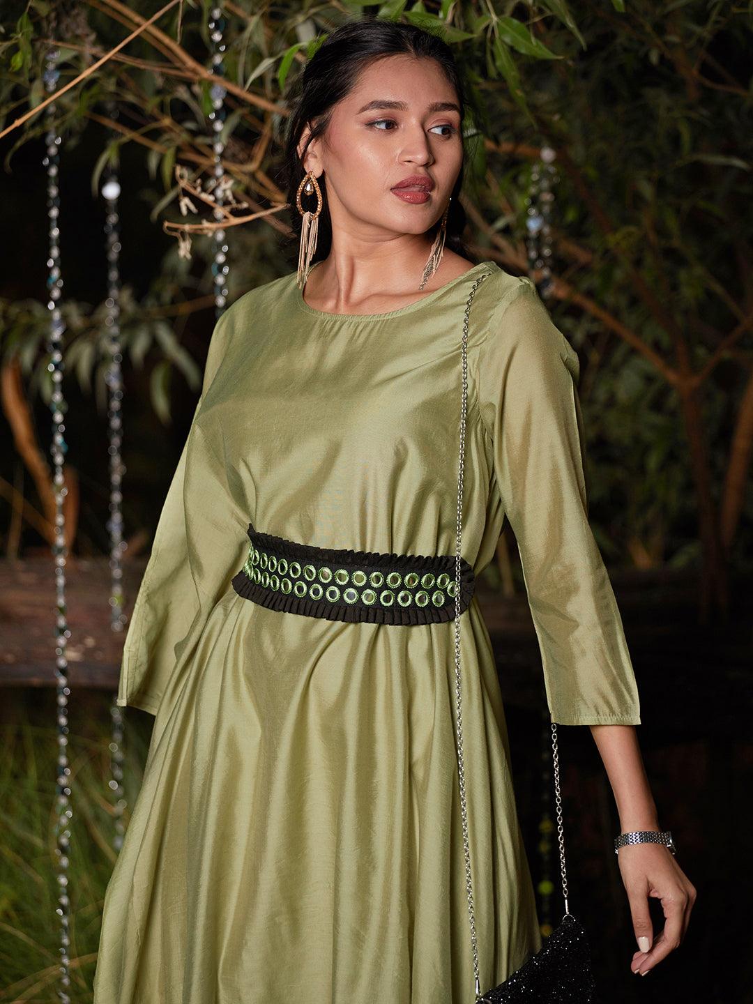 Solid Kaftan Dress with Mirror Embroidered Belt - Light Green - Indiakreations