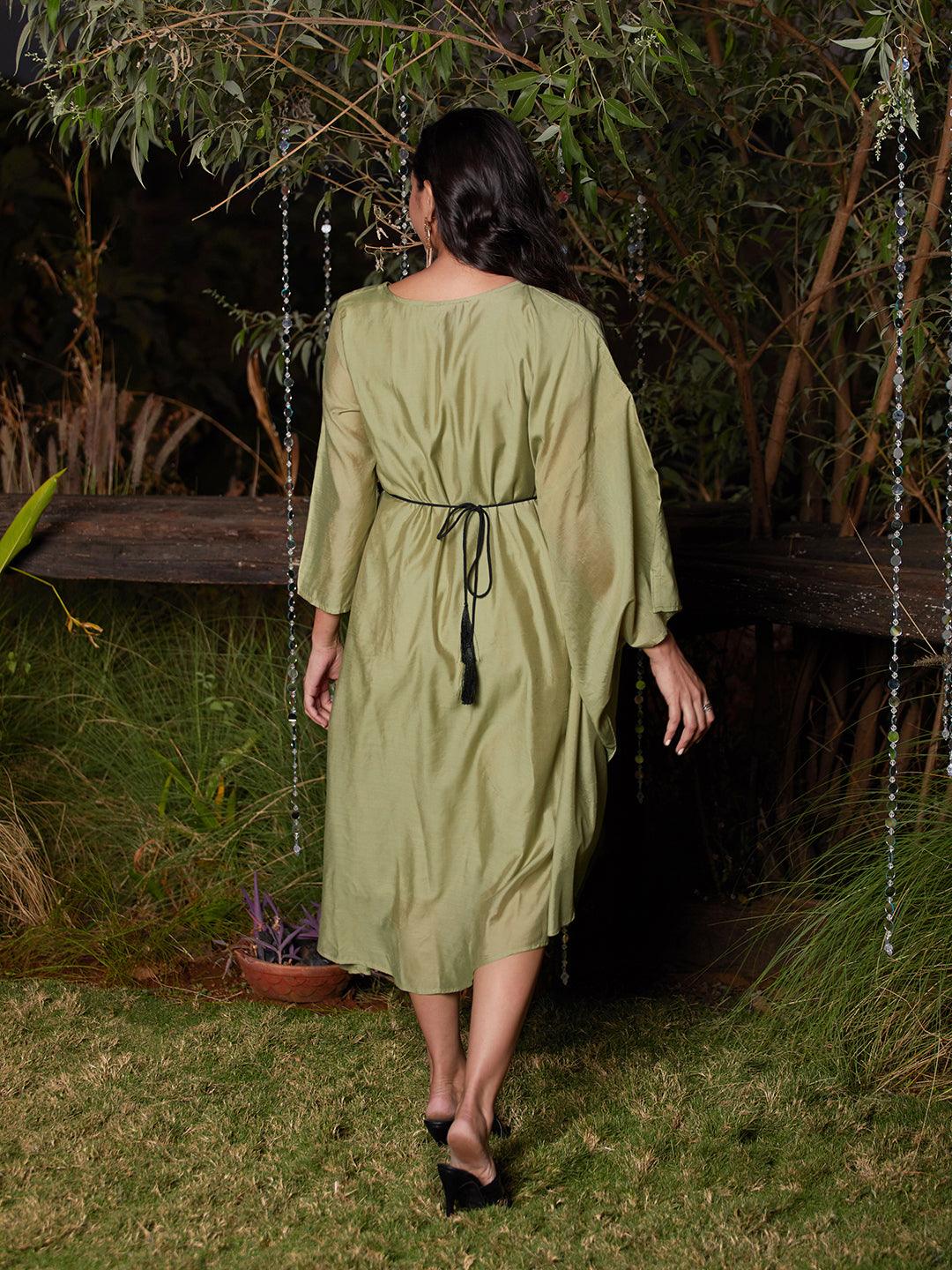 Solid Kaftan Dress with Mirror Embroidered Belt - Light Green - Indiakreations