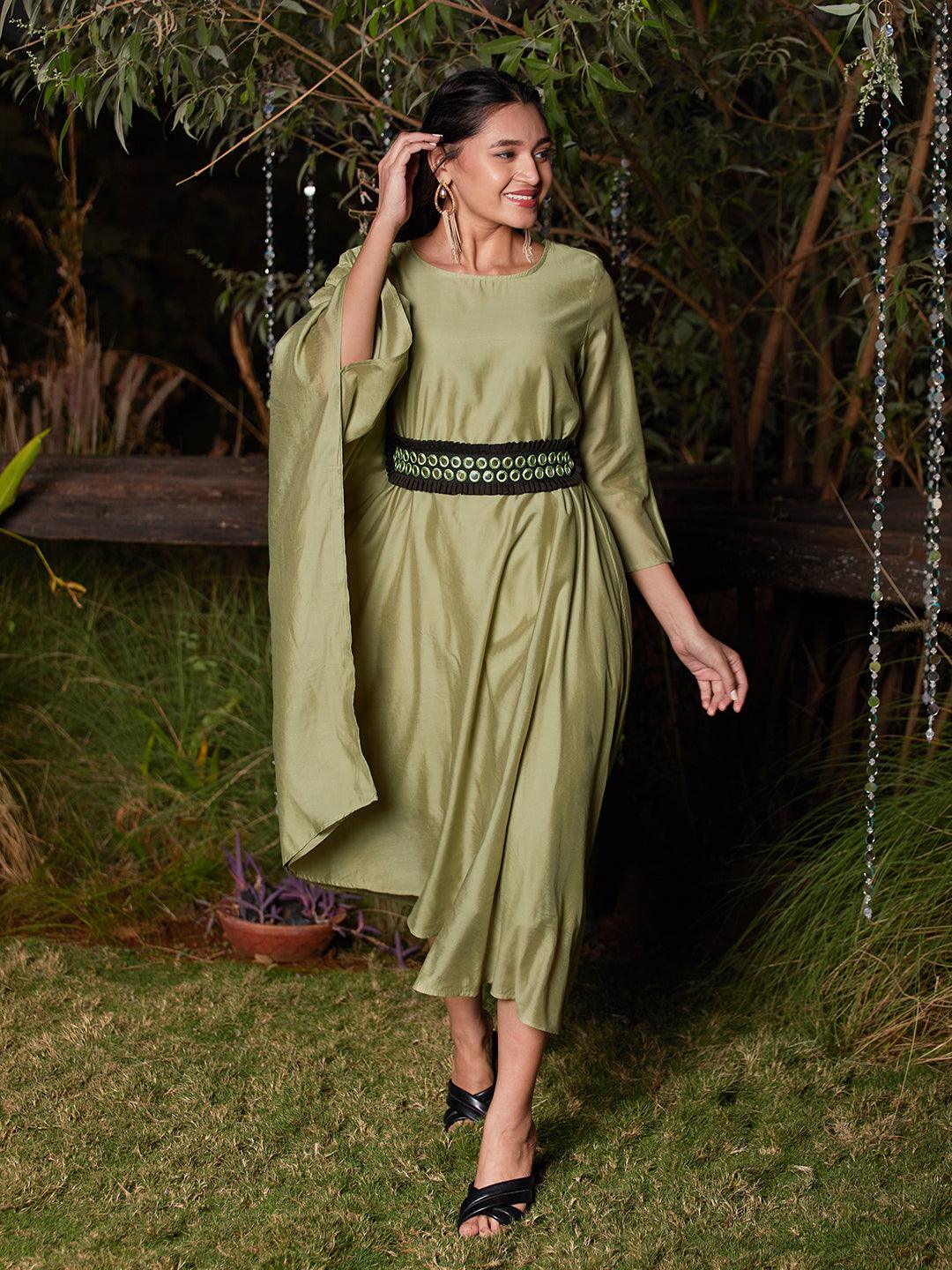 Solid Kaftan Dress with Mirror Embroidered Belt - Light Green - Indiakreations