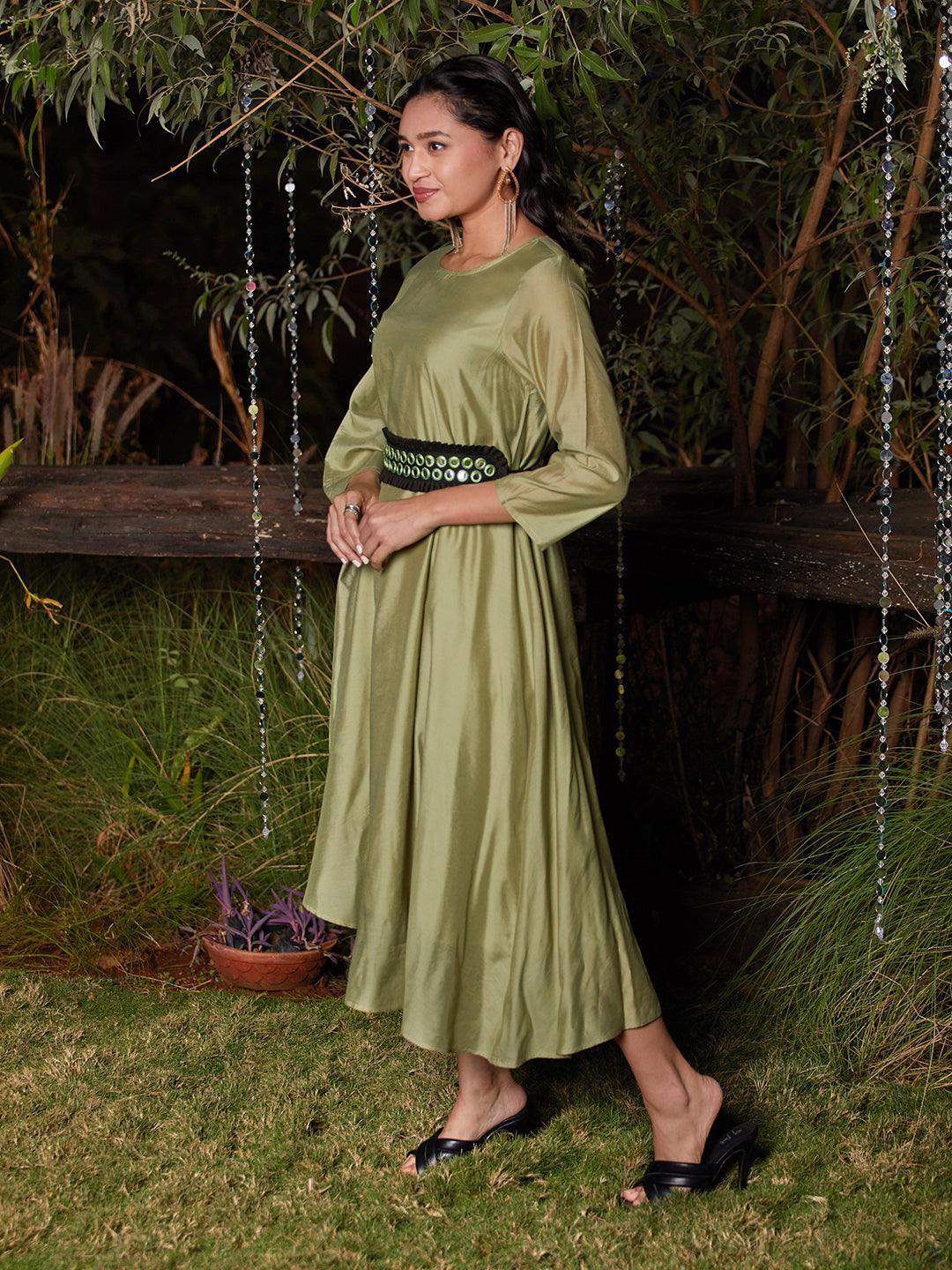 Solid Kaftan Dress with Mirror Embroidered Belt - Light Green - Indiakreations