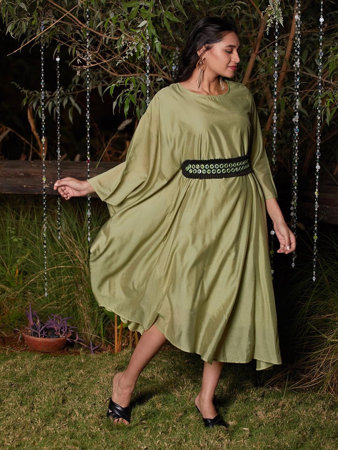 Solid Kaftan Dress with Mirror Embroidered Belt - Light Green - Indiakreations