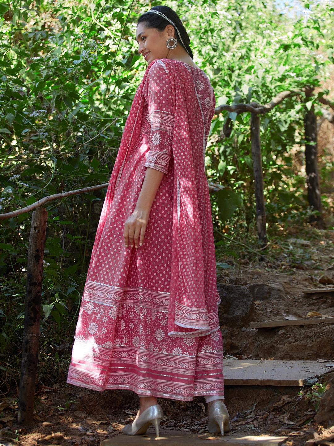 Floral Khari Printed & Embroidered Anarkali Maxi Dress - Pink - Indiakreations