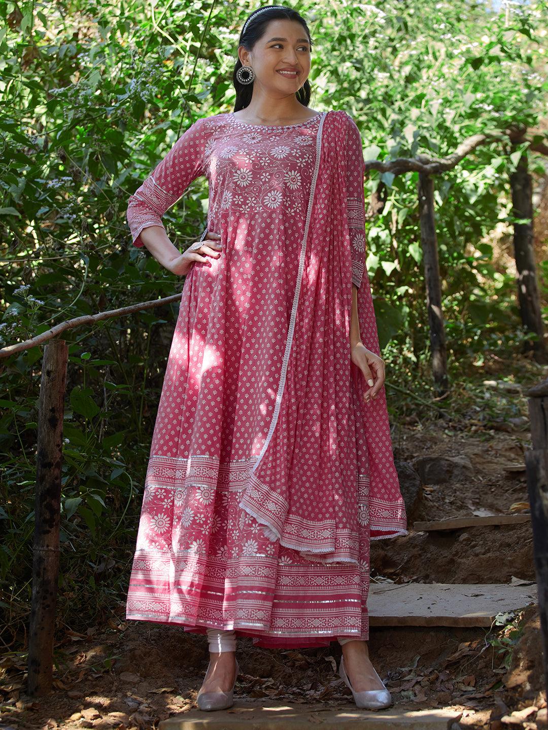 Floral Khari Printed & Embroidered Anarkali Maxi Dress - Pink - Indiakreations