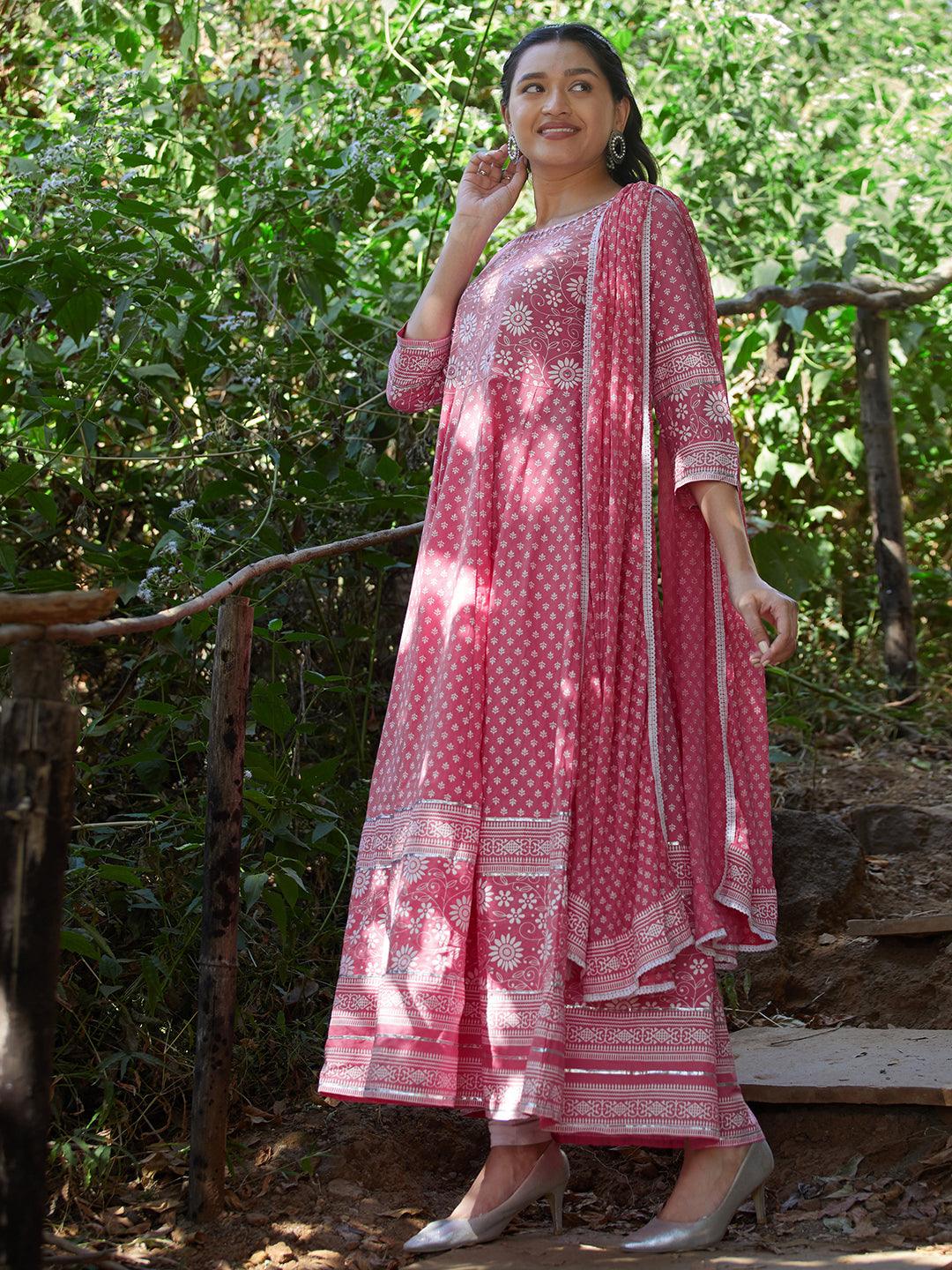 Floral Khari Printed & Embroidered Anarkali Maxi Dress - Pink - Indiakreations