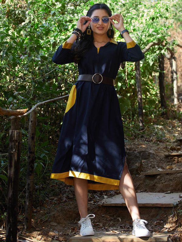 Solid Colorblocked A-Line Kurta - Navy Blue - Indiakreations