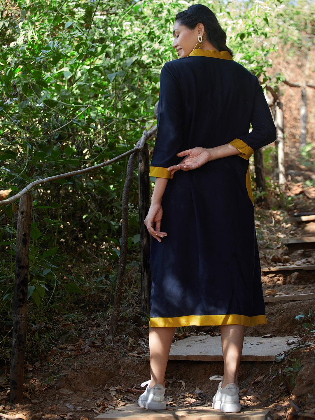 Solid Colorblocked A-Line Kurta - Navy Blue - Indiakreations