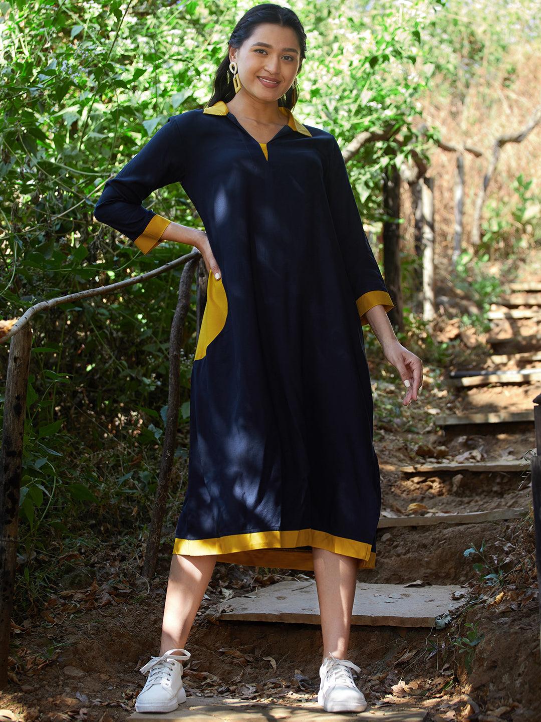 Solid Colorblocked A-Line Kurta - Navy Blue - Indiakreations