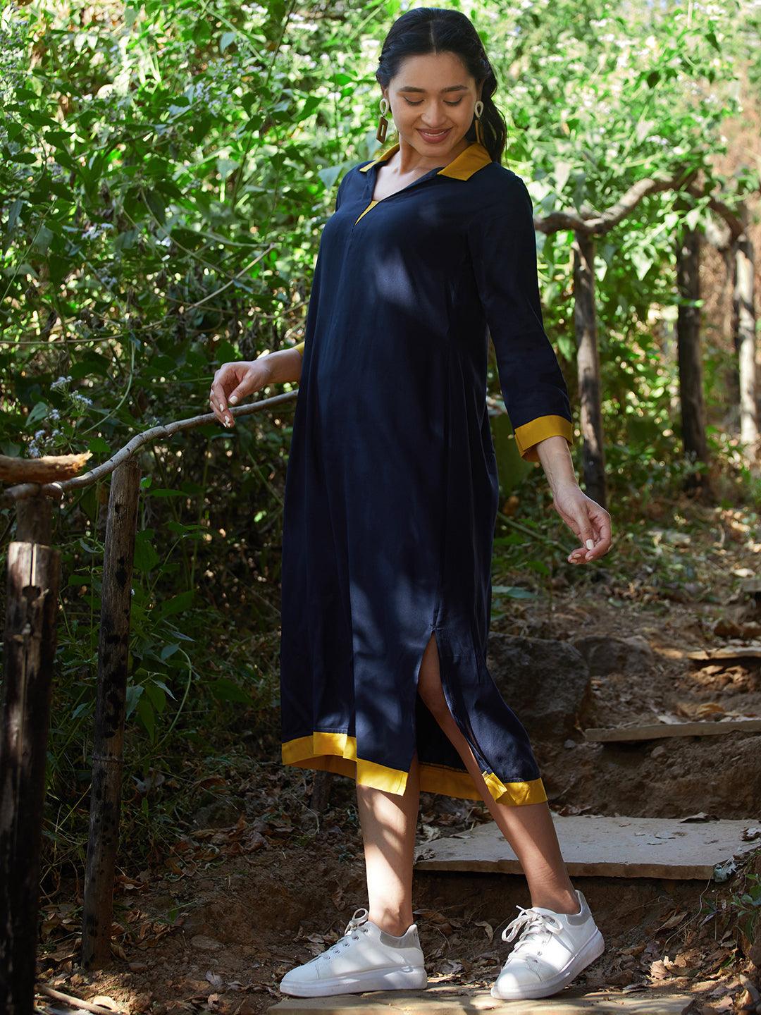 Solid Colorblocked A-Line Kurta - Navy Blue - Indiakreations