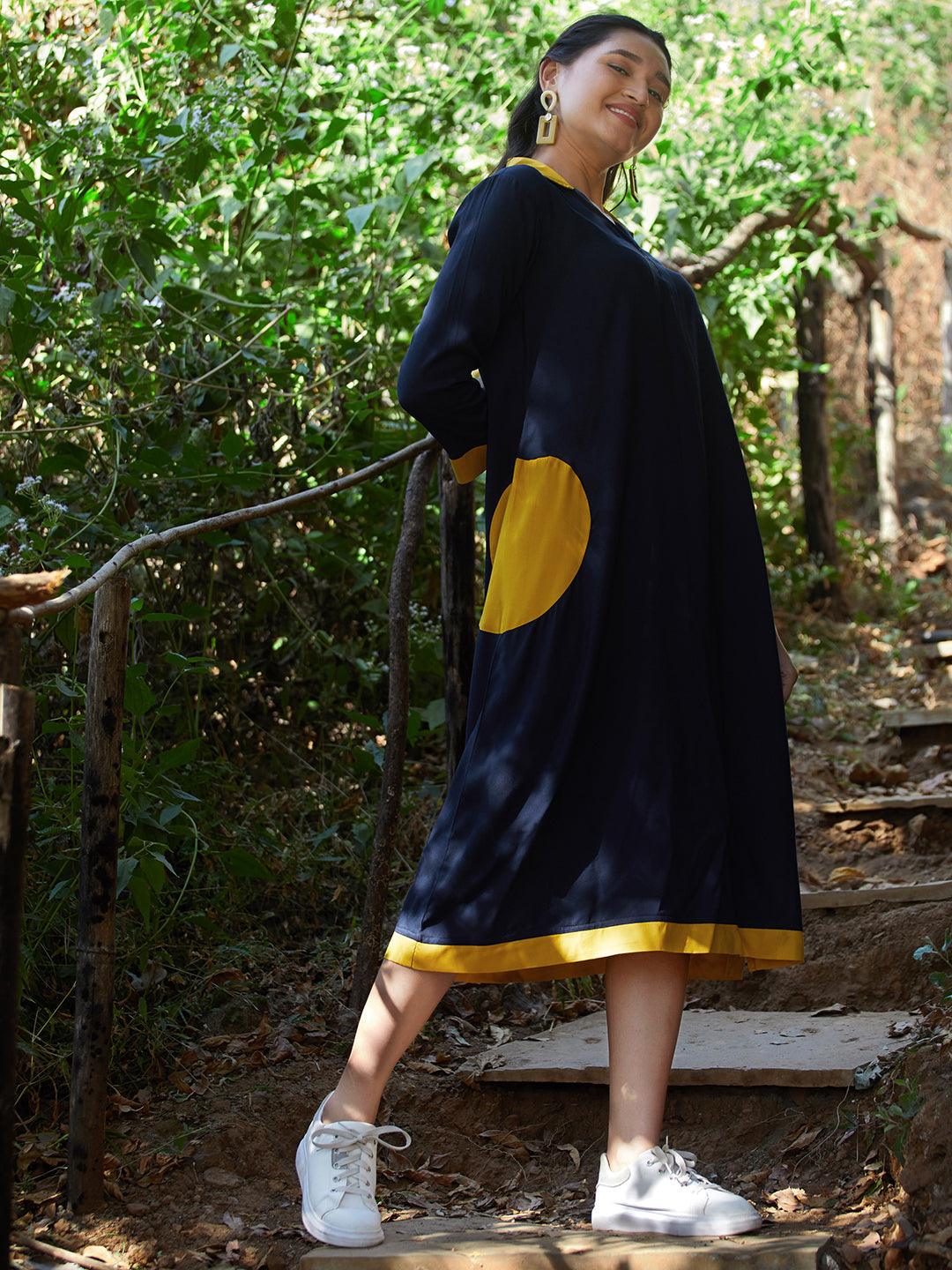 Solid Colorblocked A-Line Kurta - Navy Blue - Indiakreations