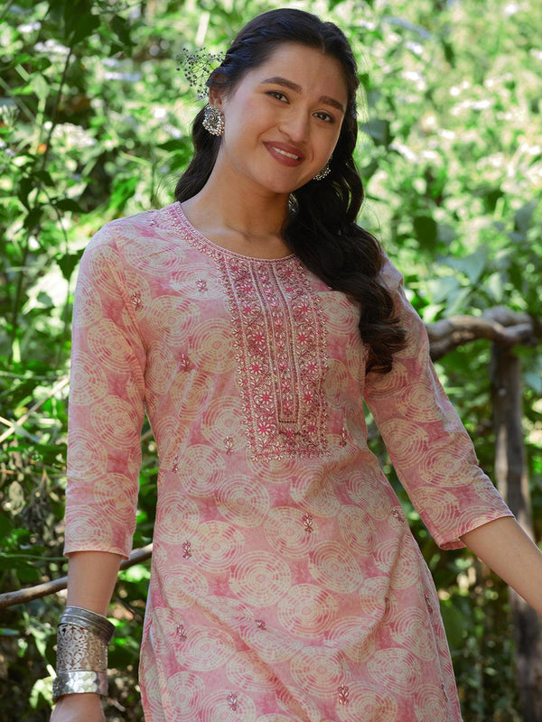 Geometric Abstract Printed & Embroidered Straight Fit Kurta - Pink - Indiakreations