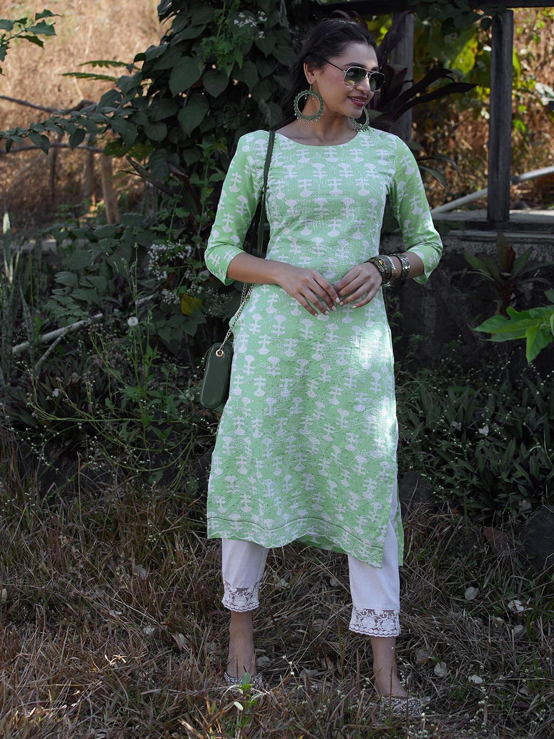 Ethnic Printed & Embroidered Straight Fit Kurta - Light Green - Indiakreations