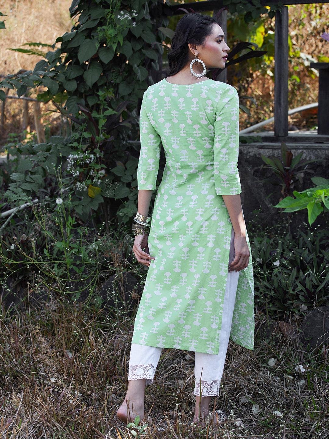 Ethnic Printed & Embroidered Straight Fit Kurta - Light Green - Indiakreations