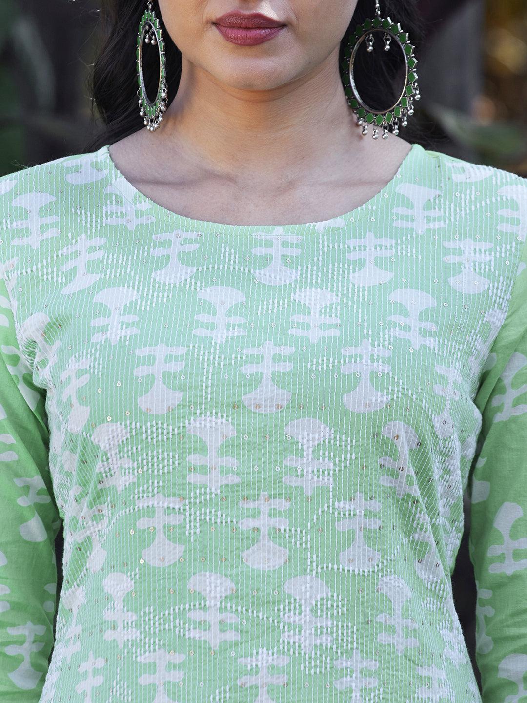 Ethnic Printed & Embroidered Straight Fit Kurta - Light Green - Indiakreations