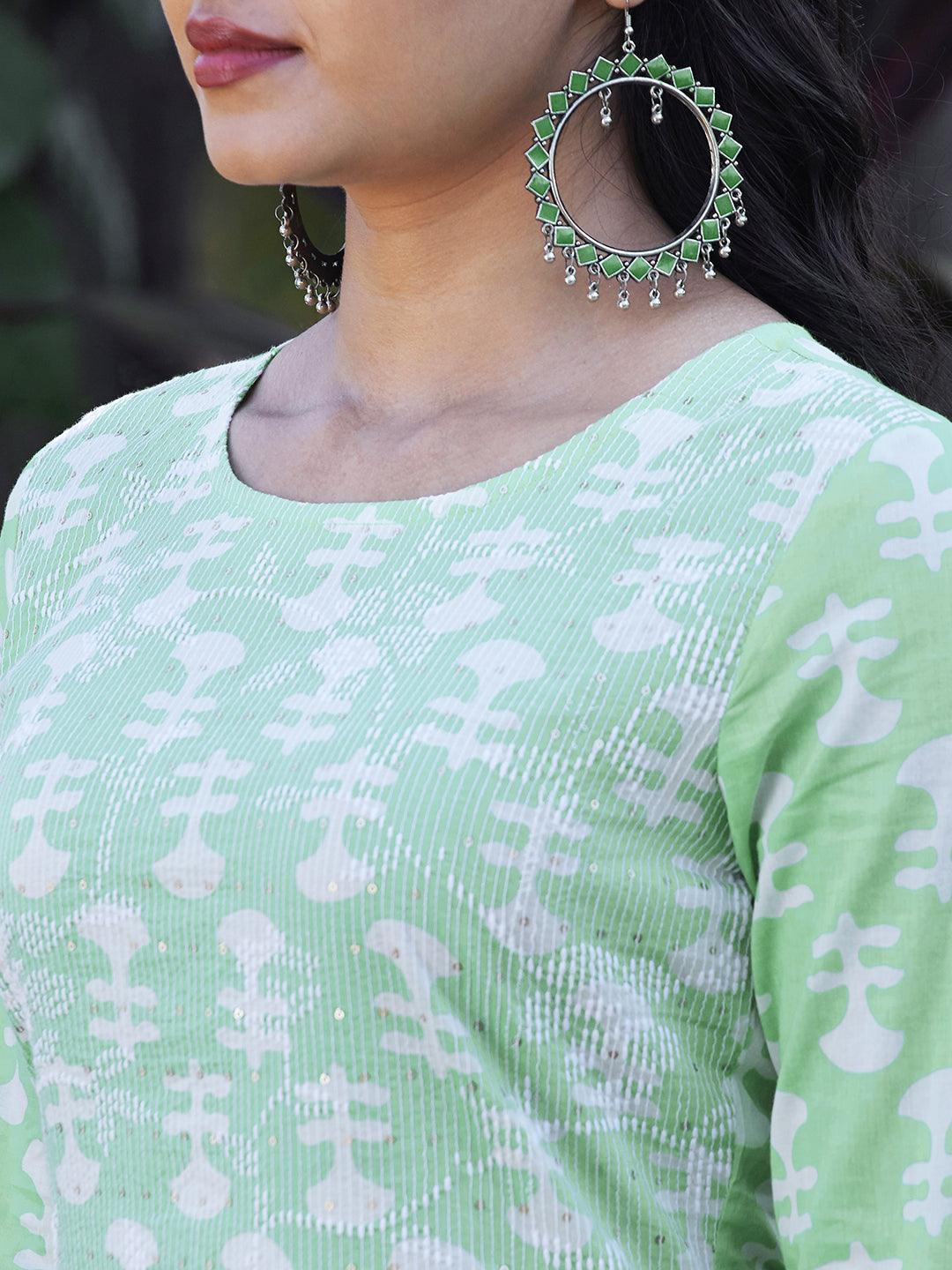 Ethnic Printed & Embroidered Straight Fit Kurta - Light Green - Indiakreations