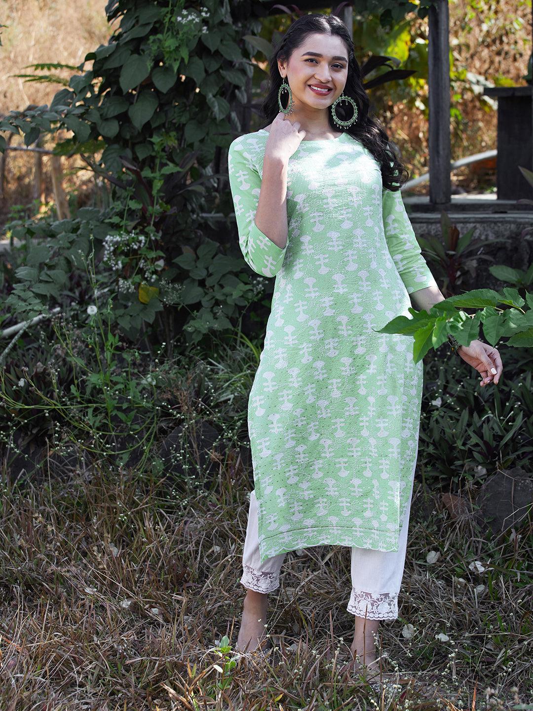 Ethnic Printed & Embroidered Straight Fit Kurta - Light Green - Indiakreations