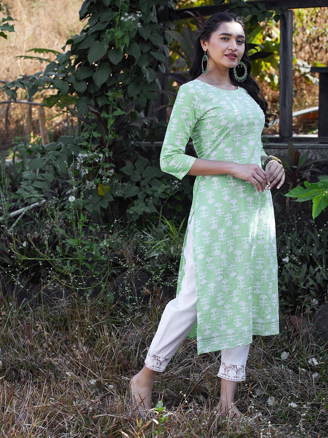 Ethnic Printed & Embroidered Straight Fit Kurta - Light Green - Indiakreations