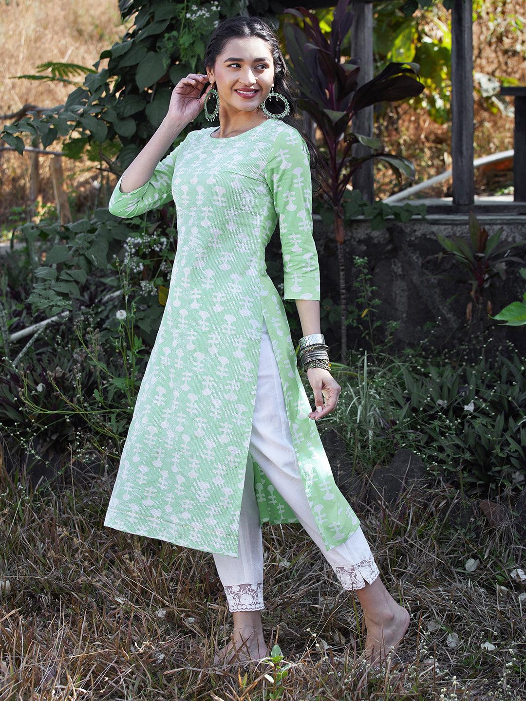 Ethnic Printed & Embroidered Straight Fit Kurta - Light Green - Indiakreations