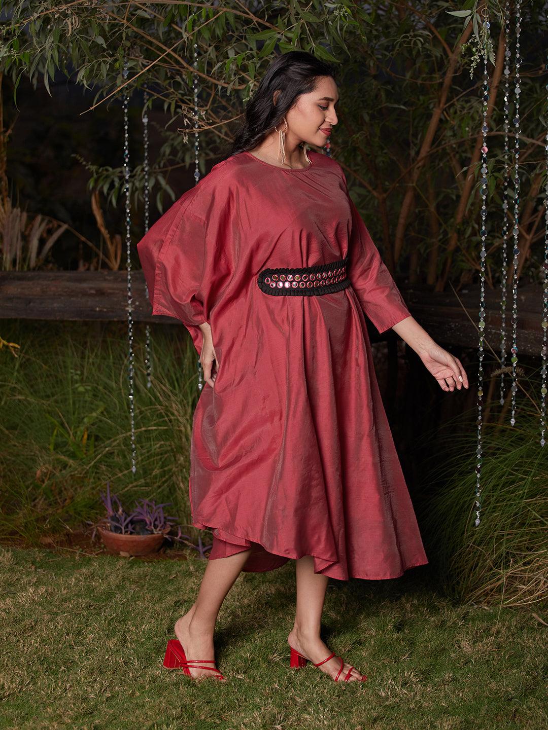 Solid Kaftan Dress with Mirror Embroidered Belt - Rose - Indiakreations