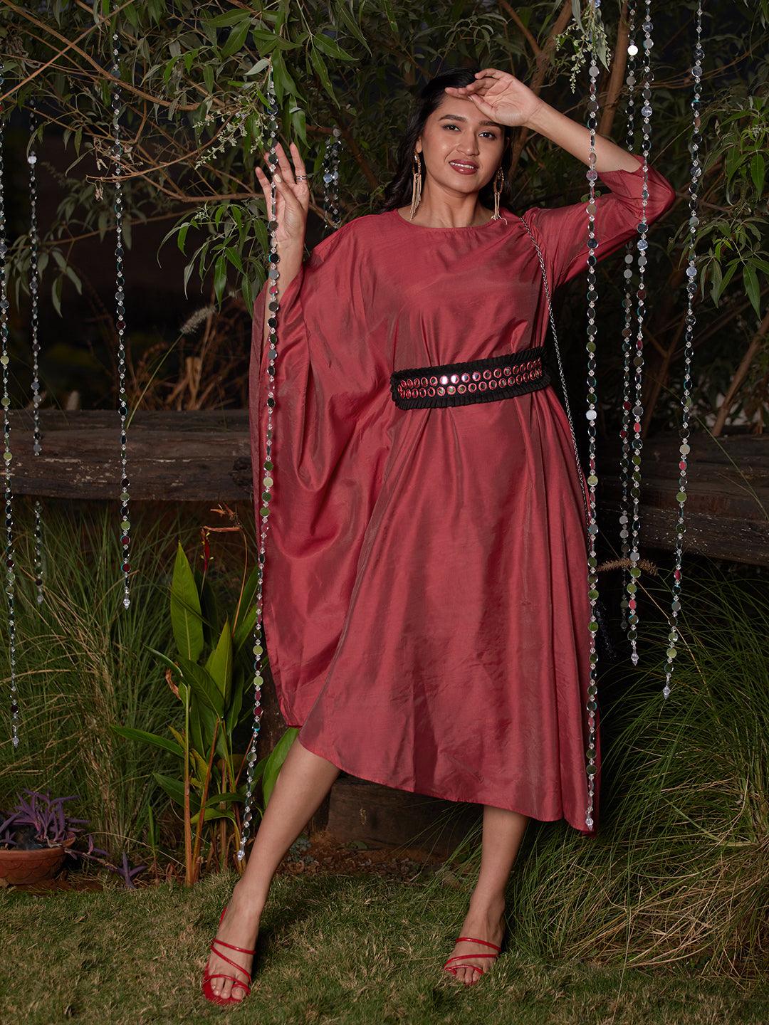 Solid Kaftan Dress with Mirror Embroidered Belt - Rose - Indiakreations