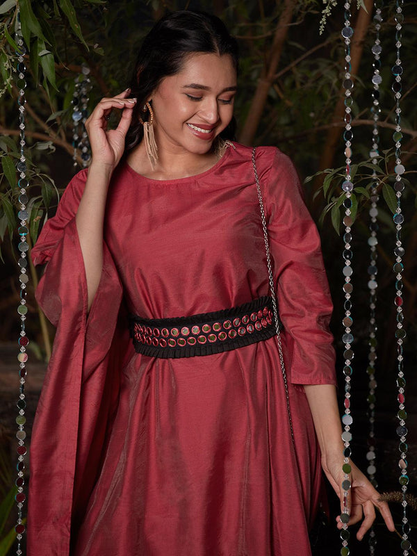 Solid Kaftan Dress with Mirror Embroidered Belt - Rose - Indiakreations