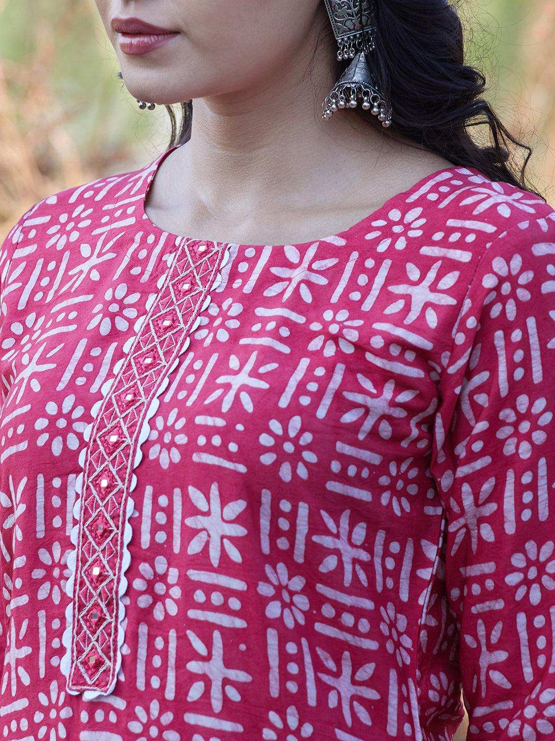 Tribal Ethnic Printed Straight Fit Kurta - Pink - Indiakreations