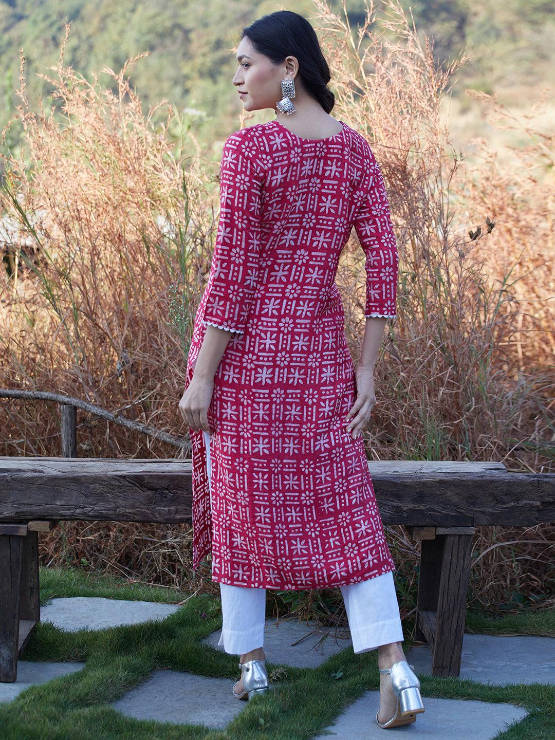 Tribal Ethnic Printed Straight Fit Kurta - Pink - Indiakreations