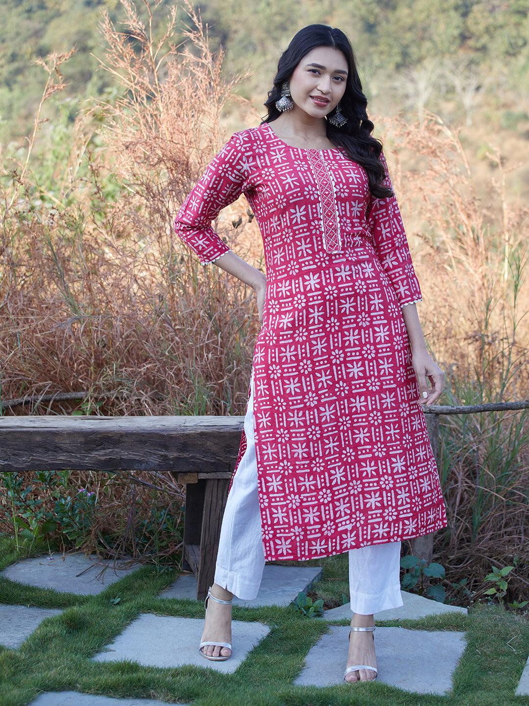 Tribal Ethnic Printed Straight Fit Kurta - Pink - Indiakreations