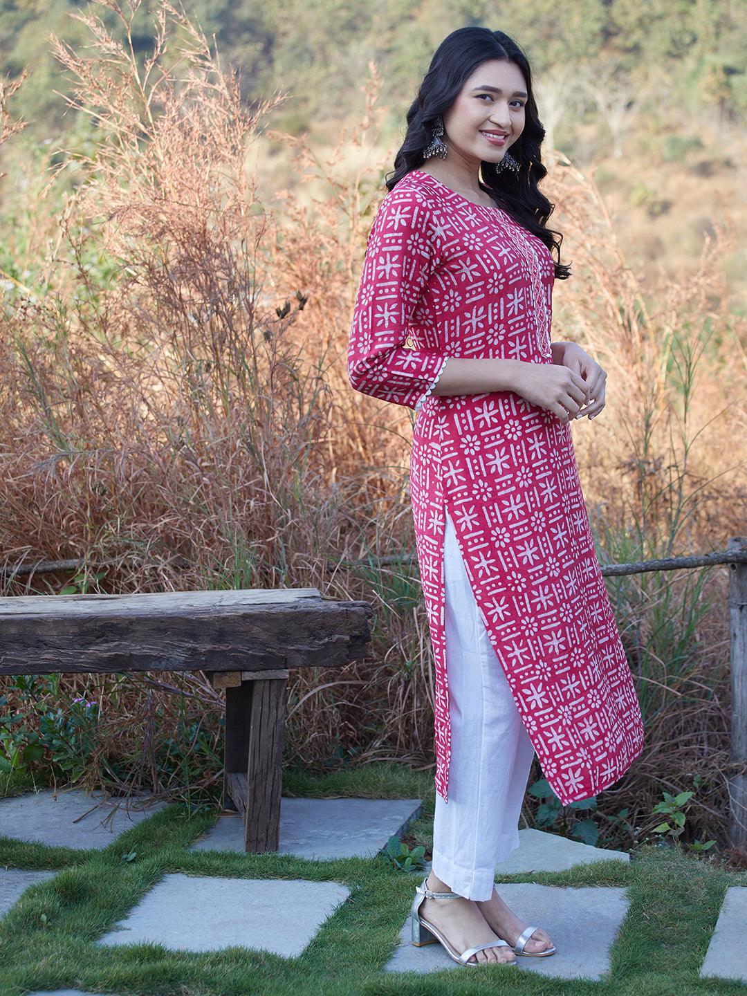 Tribal Ethnic Printed Straight Fit Kurta - Pink - Indiakreations